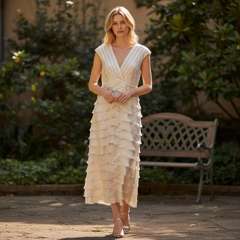 Adrianna Papell Occasions Gown Womens 8 Cream Tiered Ruffle V-Neck Formal Dress